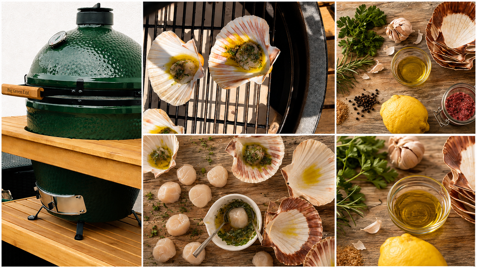 Collage van de ingrediënten, voorbereiding en bereiding van sint-jakobsschelpen op de barbecue