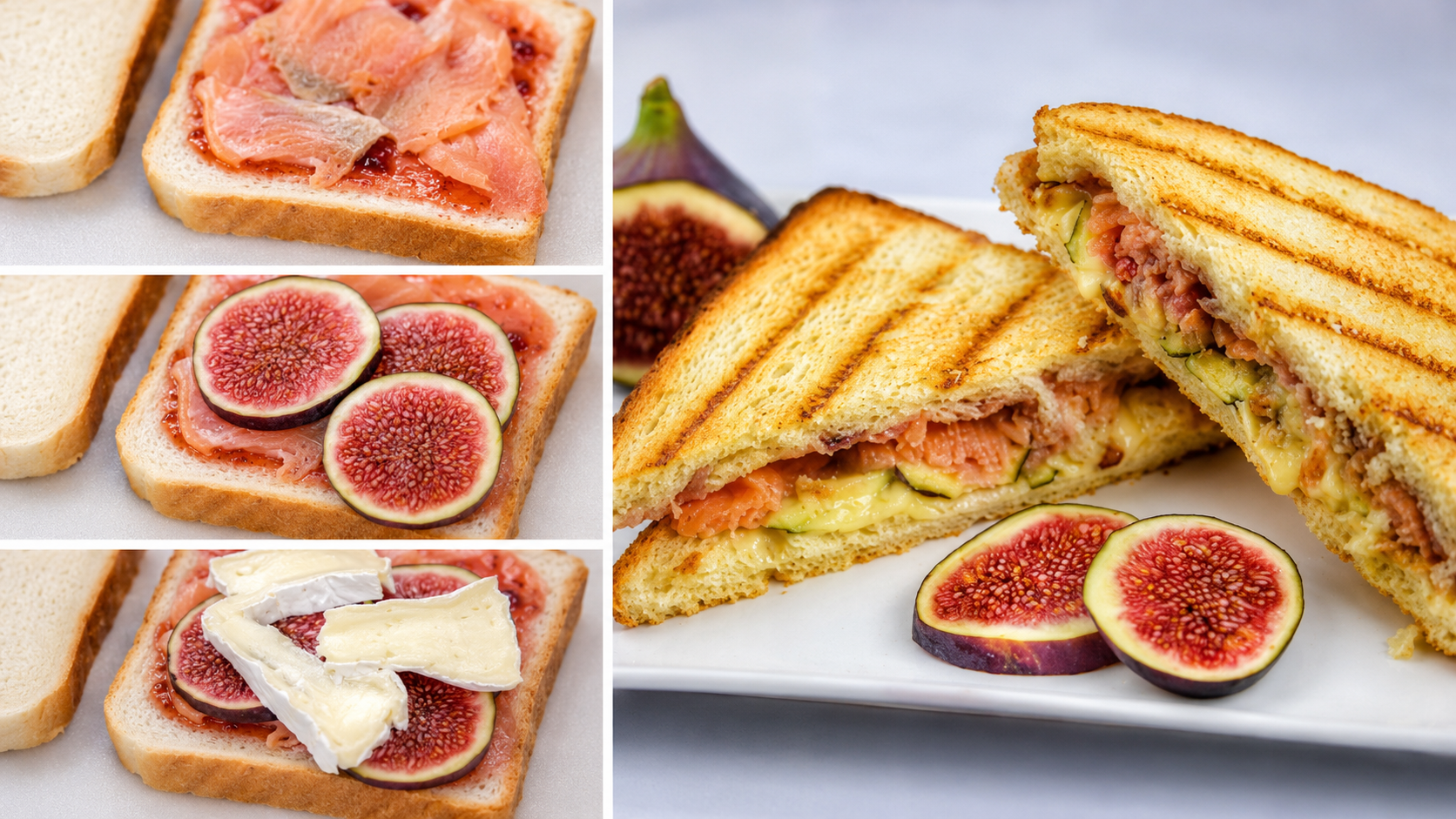 Collage van de bereiding van een tosti met gerookte zalm, vijgen, camembert en pruimenjam
