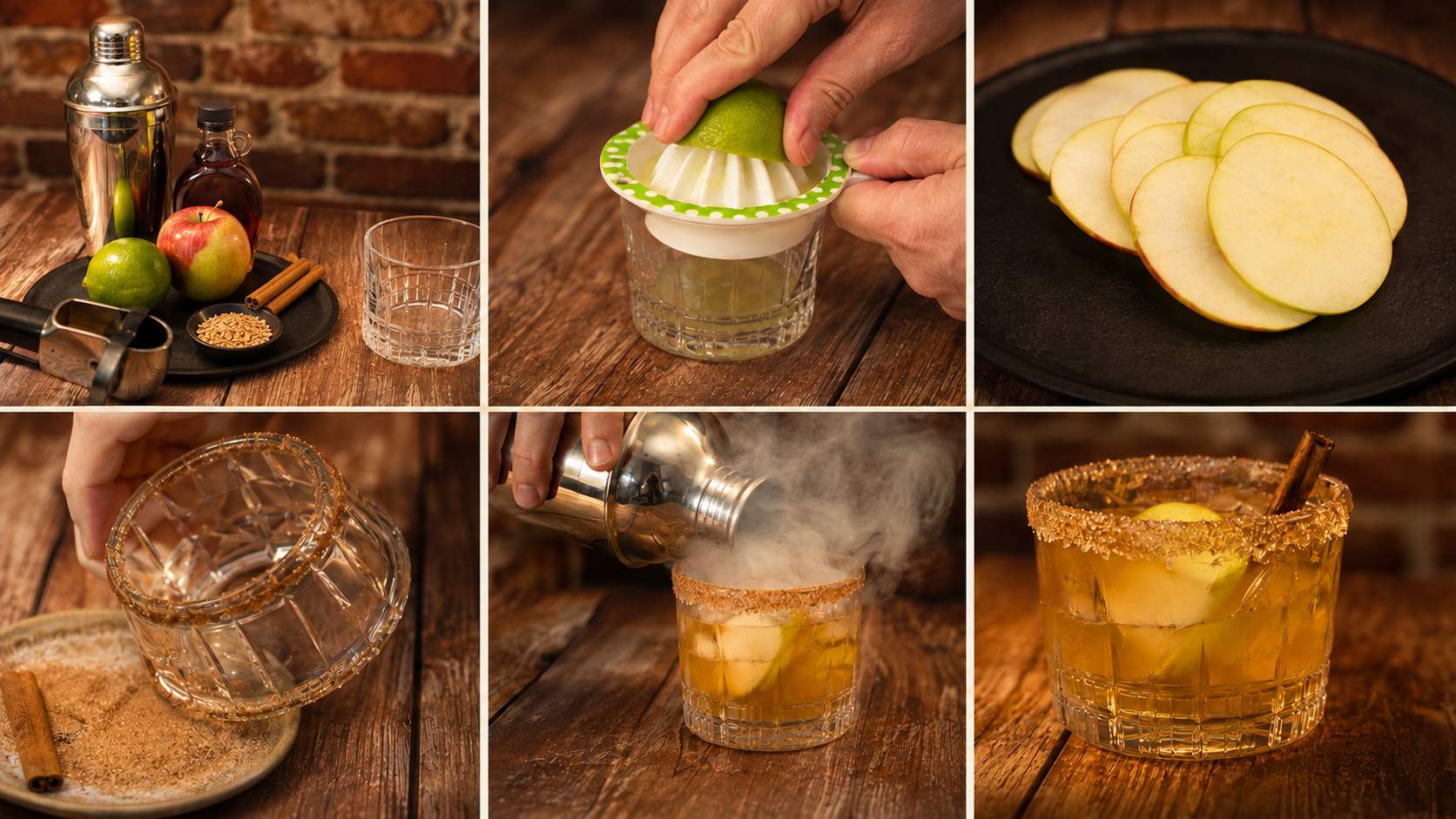 Collage van de bereiding van een winterse cocktail met appel, limoen, kaneelsuiker en fijne sinaasappelhoutchips voor het roken.