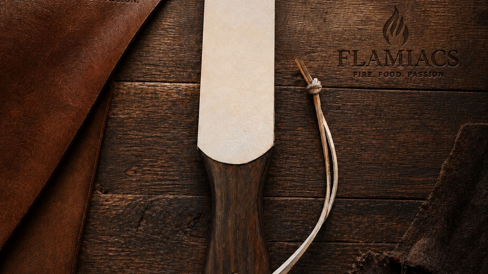 Flamiacs leren strop met houten handvat voor het onderhouden en langer scherp houden van keukenmesse