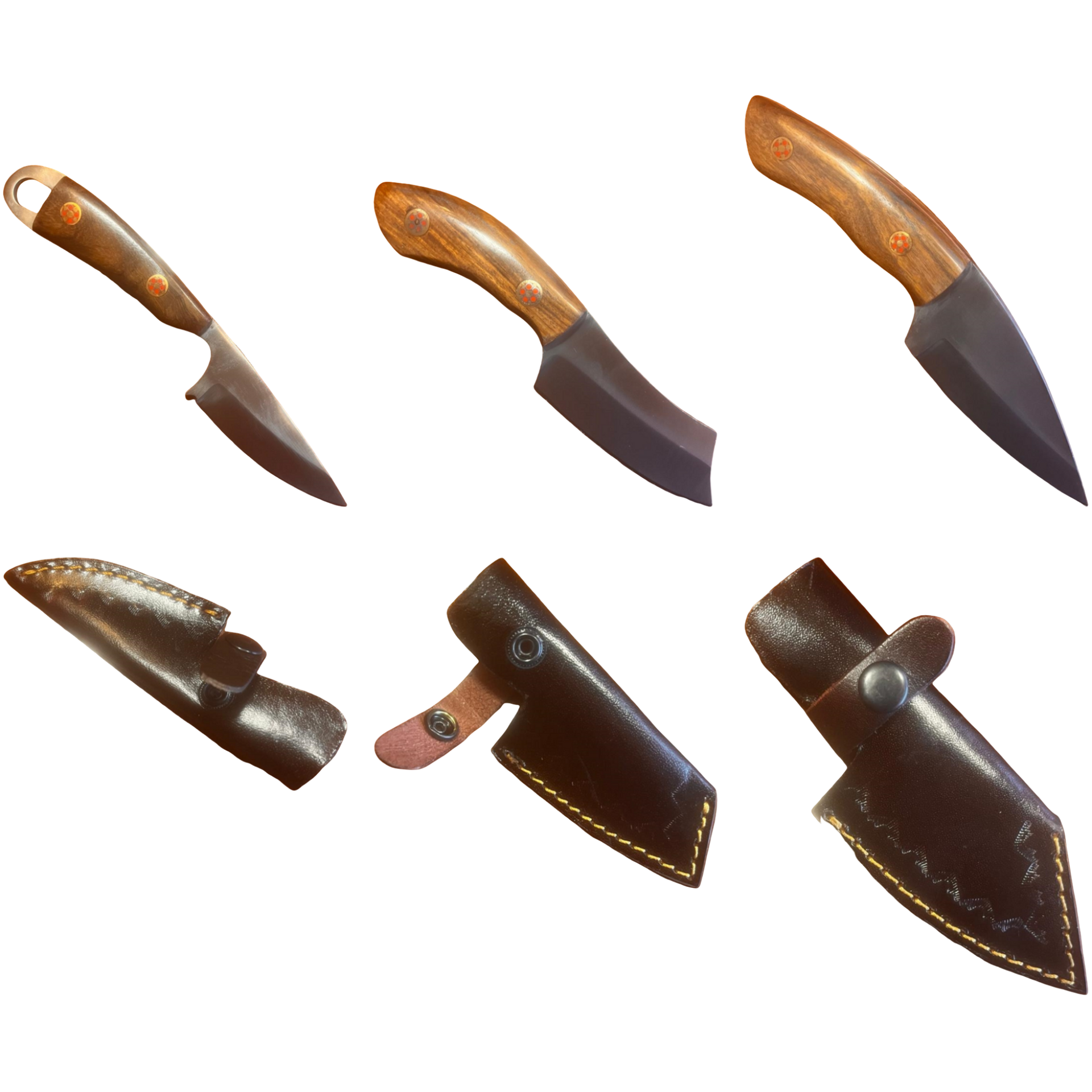 Flamiacs Compact Skinner-set S, M en L met drie roestvrijstalen messen, notenhouten handvatten en bijpassende foedralen met riemhouder