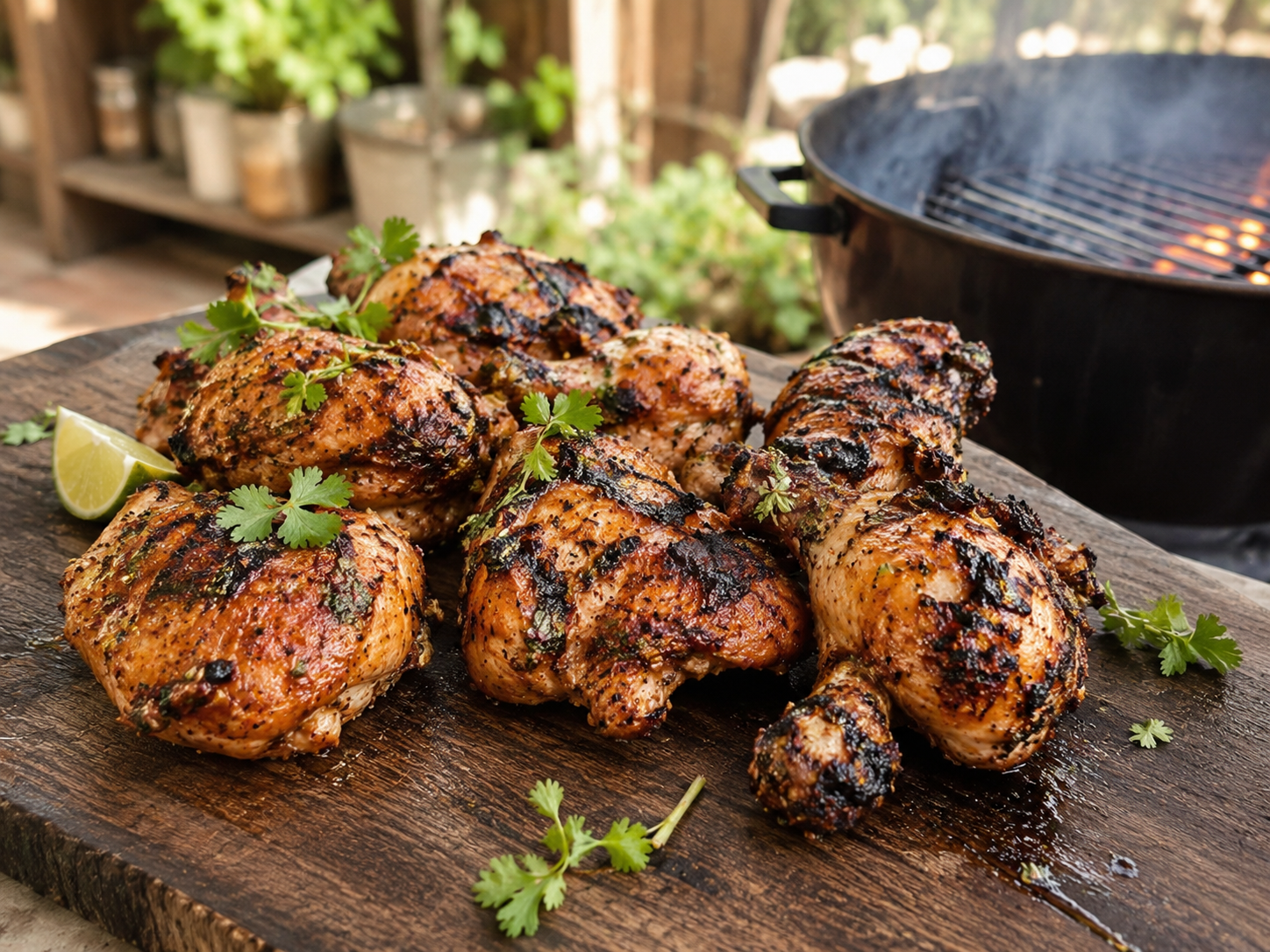 Gegrilde kip Kerala-stijl met koriander en limoen naast een rokende barbecue