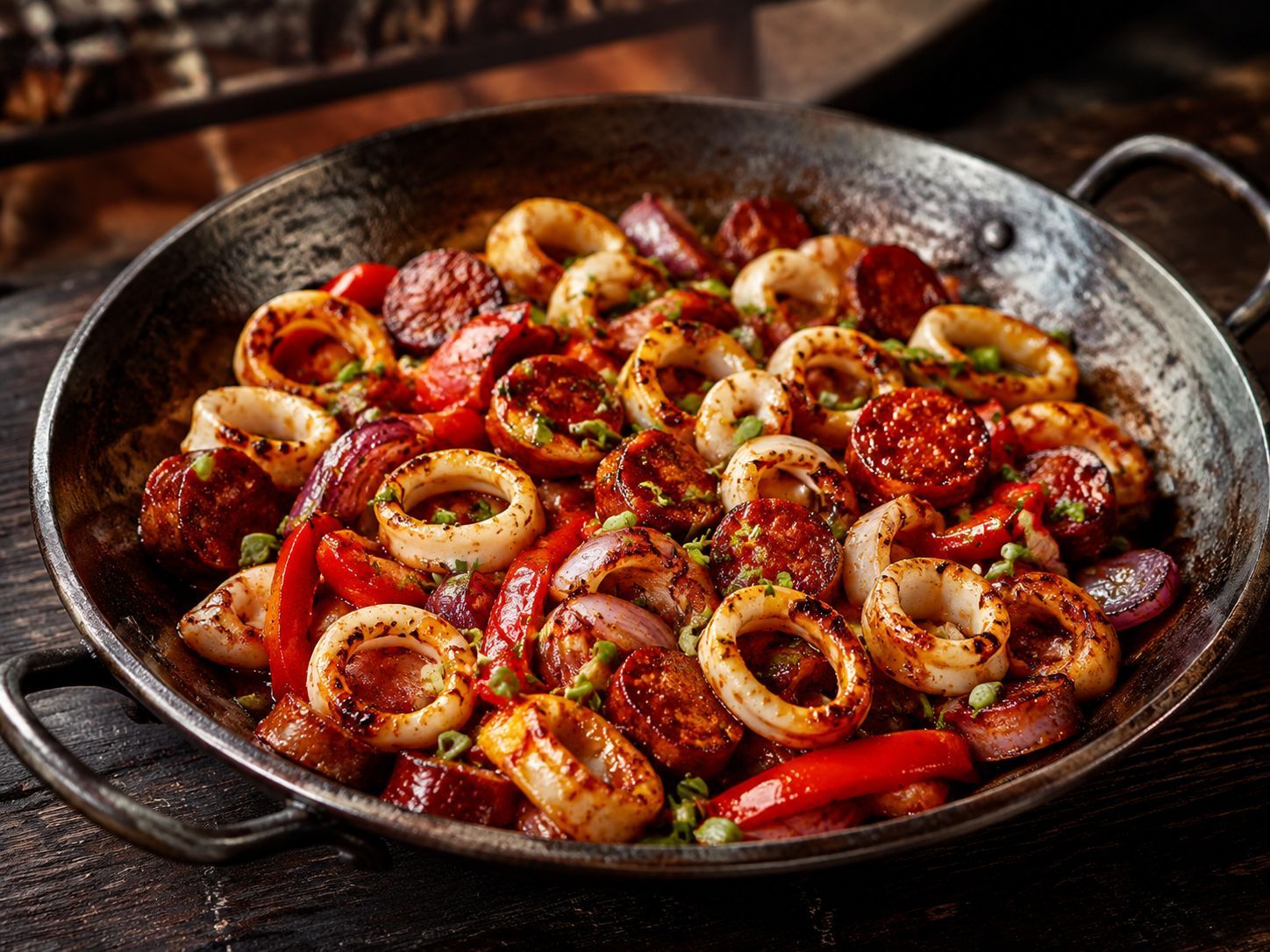 Gebakken inktvisringen met chorizo, rode paprika en rode ui in een handgesmede pan
