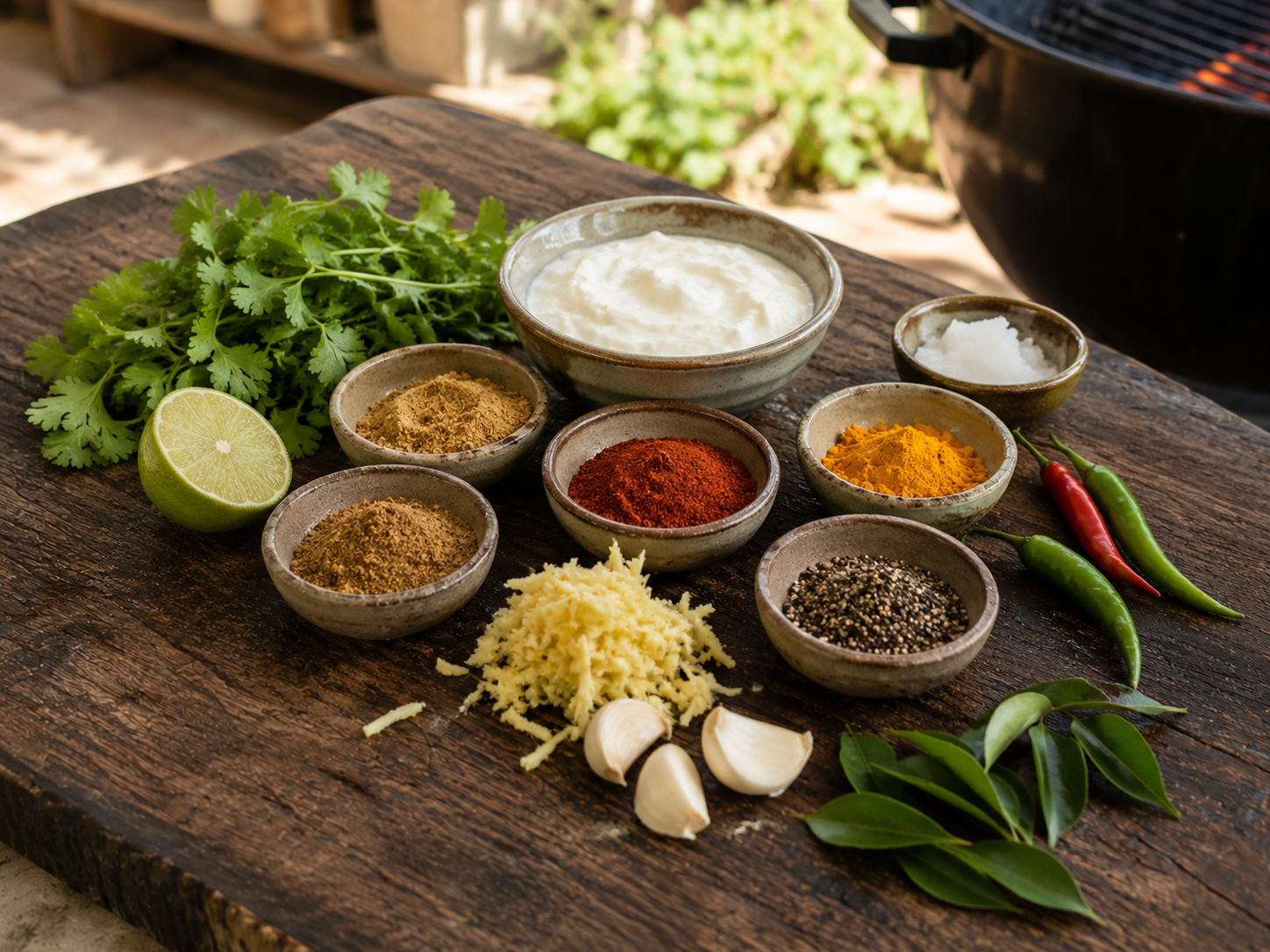 Yoghurt, Indiase kruiden, gember, knoflook, chili en koriander voor kip Kerala-stijl