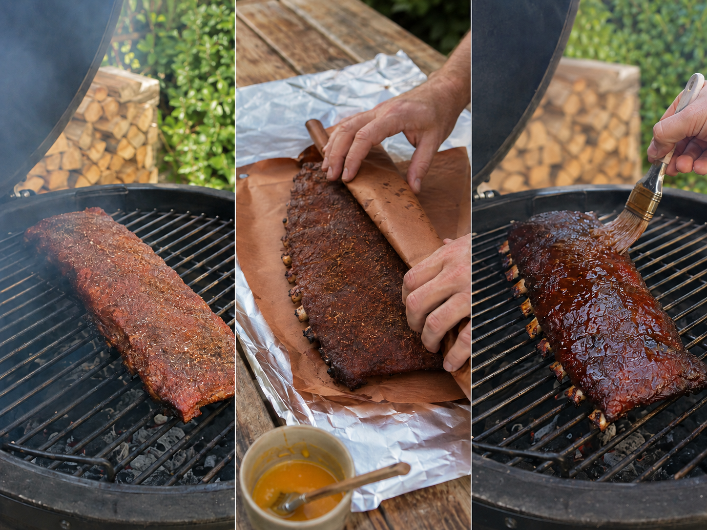 Drie stappen van de 3-2-1-methode voor spareribs: roken, inpakken in butcher paper en aflakken met BBQ-saus