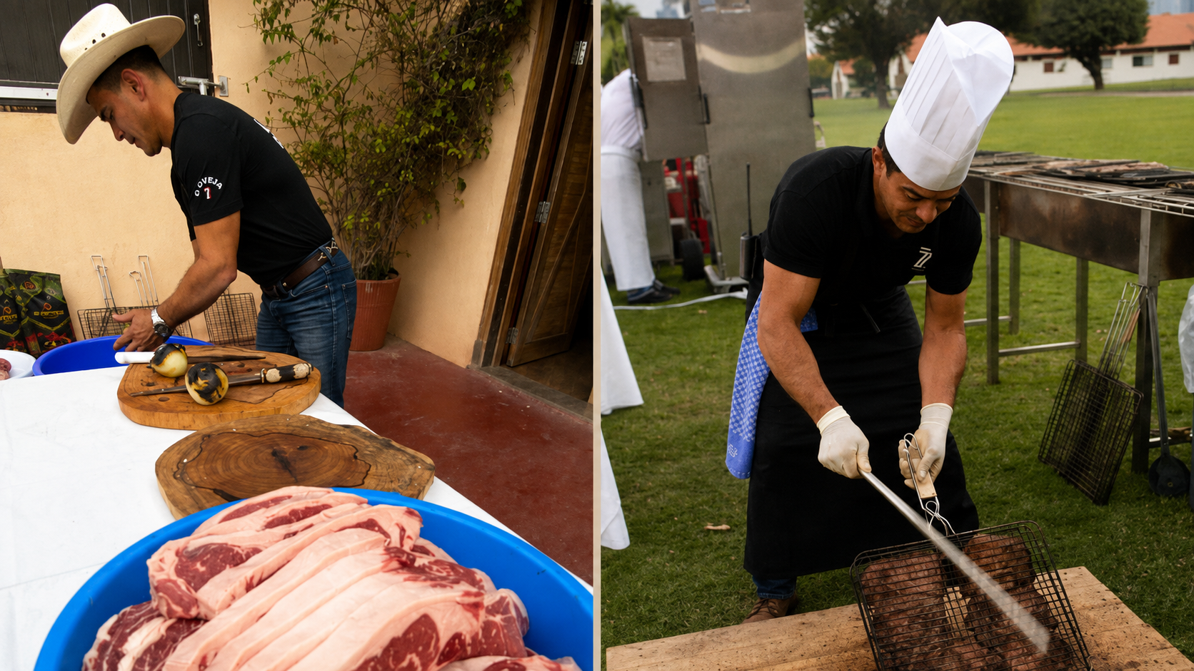 Braziliaanse grillmeesters bereiden ribeye voor churrasco