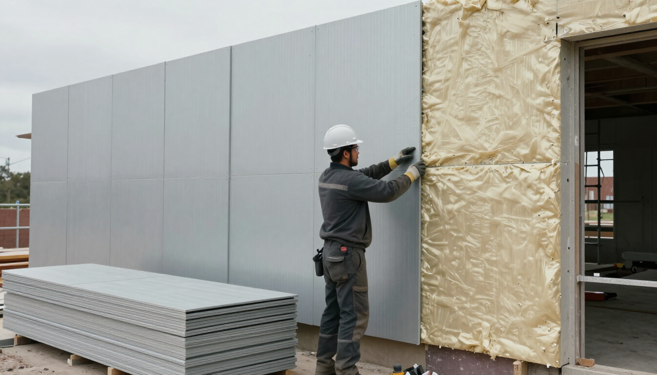 Posa di pannelli coibentanti su parete esterna in cantiere