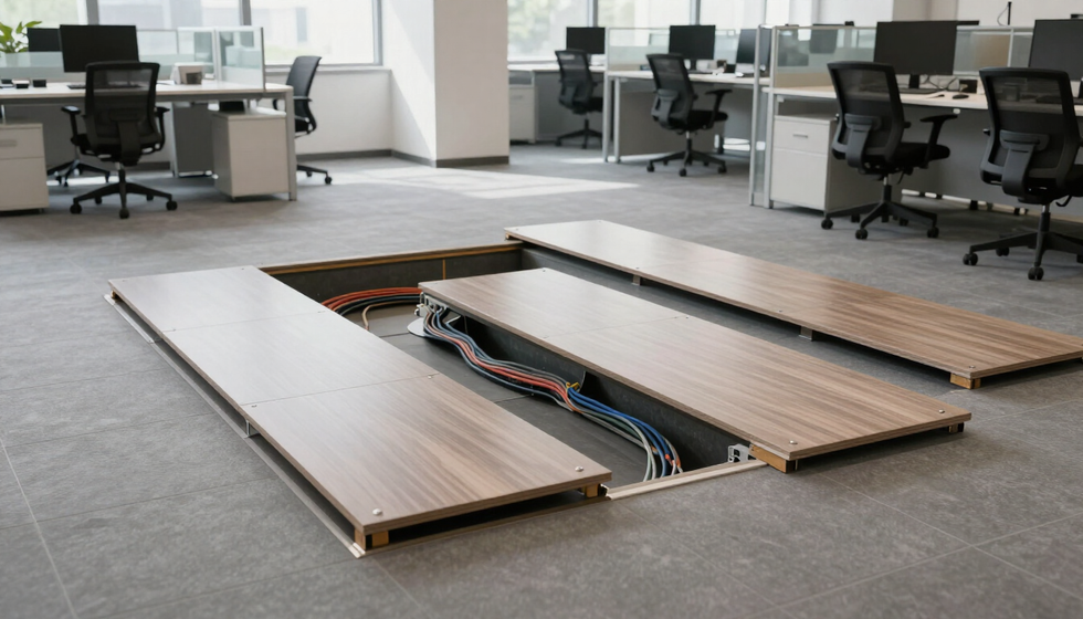 Ufficio open space con pavimento tecnico sopraelevato e moduli ispezionabili