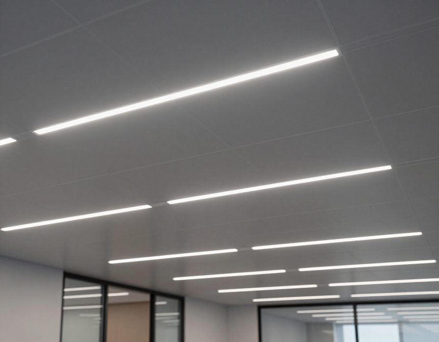 Controsoffitto completato in ufficio moderno con illuminazione lineare integrata