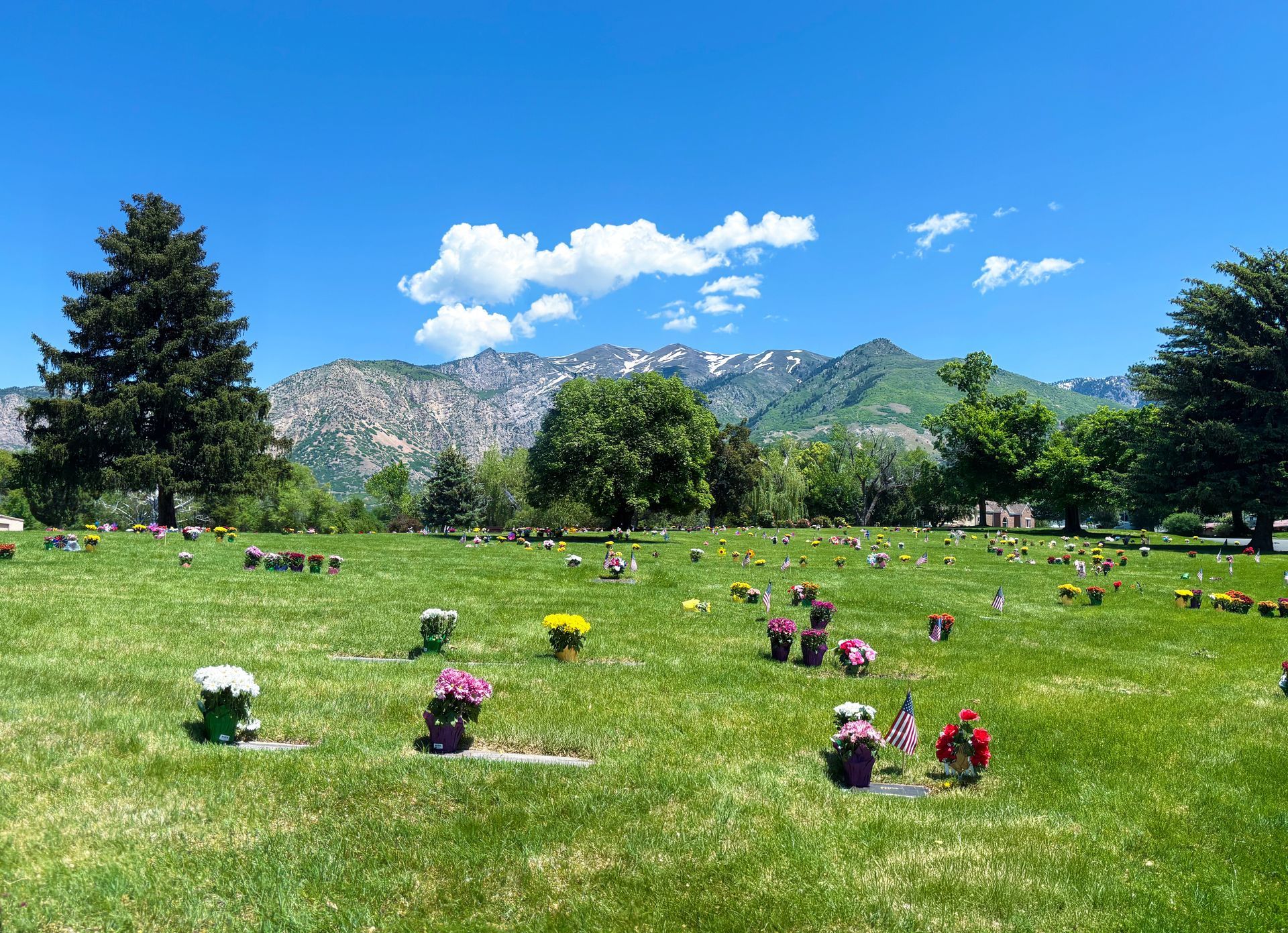 Grassy cemetery with flowers and headstones under trees, mountains, and a bright blue sky