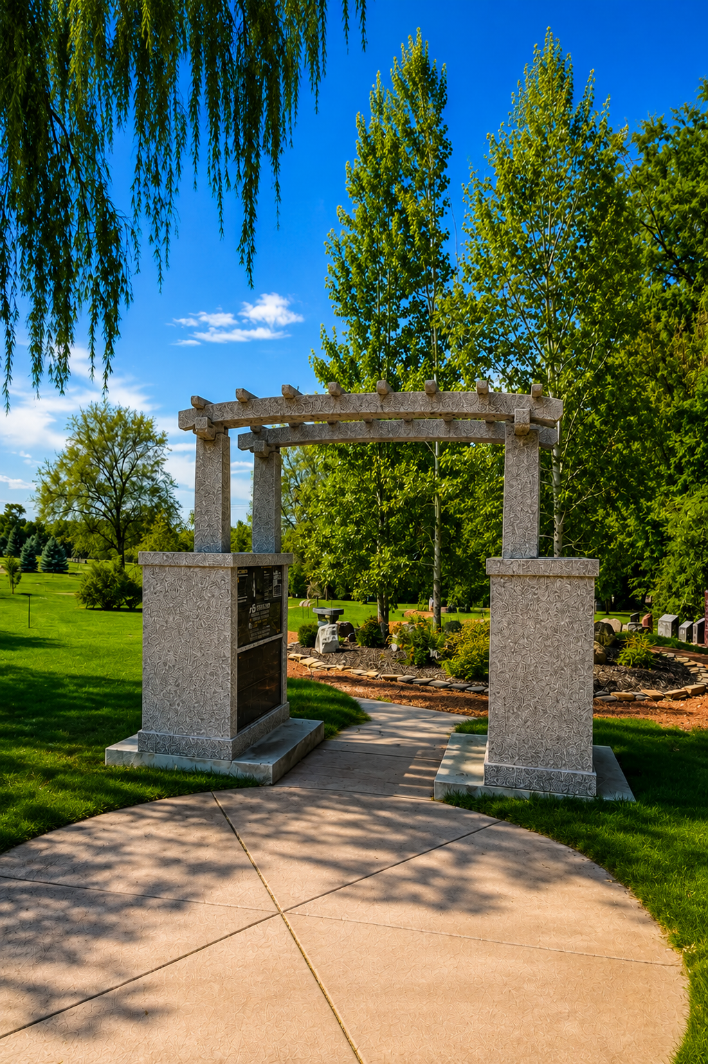 Stone garden archway on a sunlit path, framed by green trees under a blue sky.