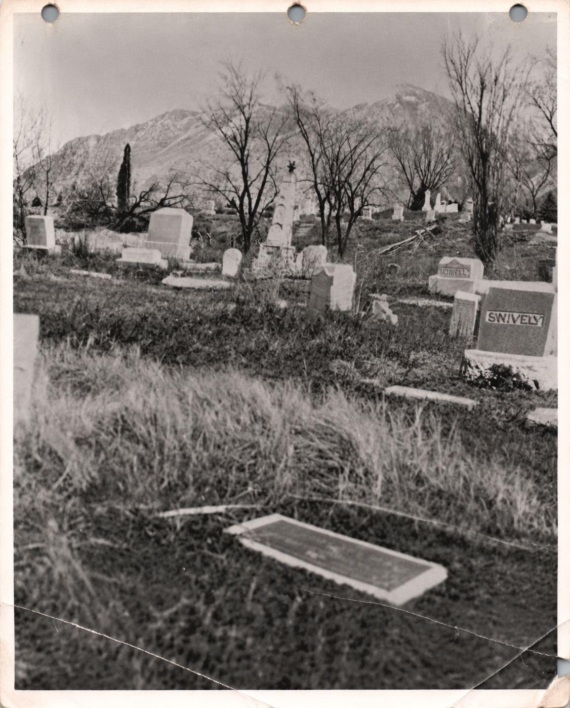 Graveyard with headstones, bare trees, and a mountain in the background.