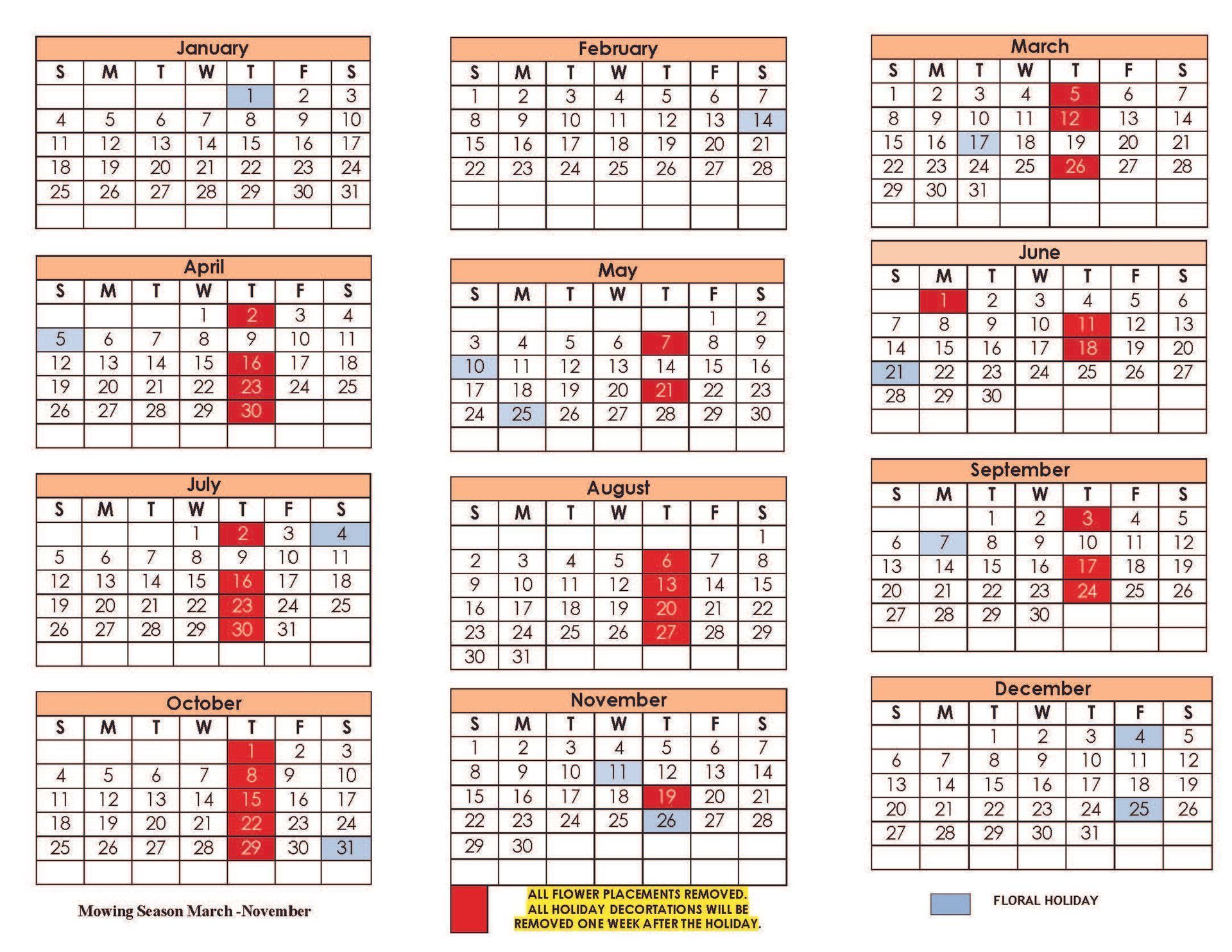 Monthly calendar grid collage with red and blue highlighted dates across several months
