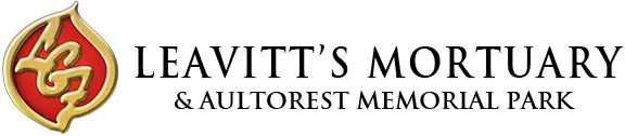 Leavitt&rsquo;s Mortuary & Autorest Memorial Park logo with gold emblem and black text