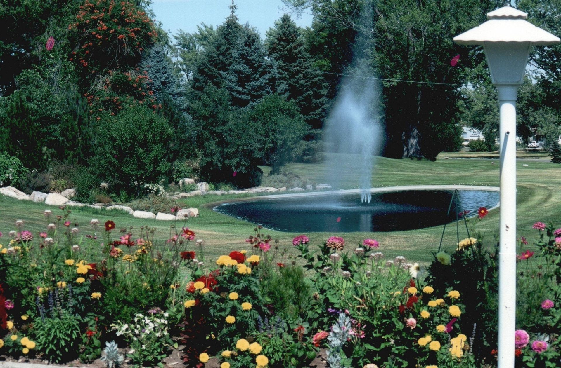 Flower garden with colorful blooms, a pond fountain, and trees in the background