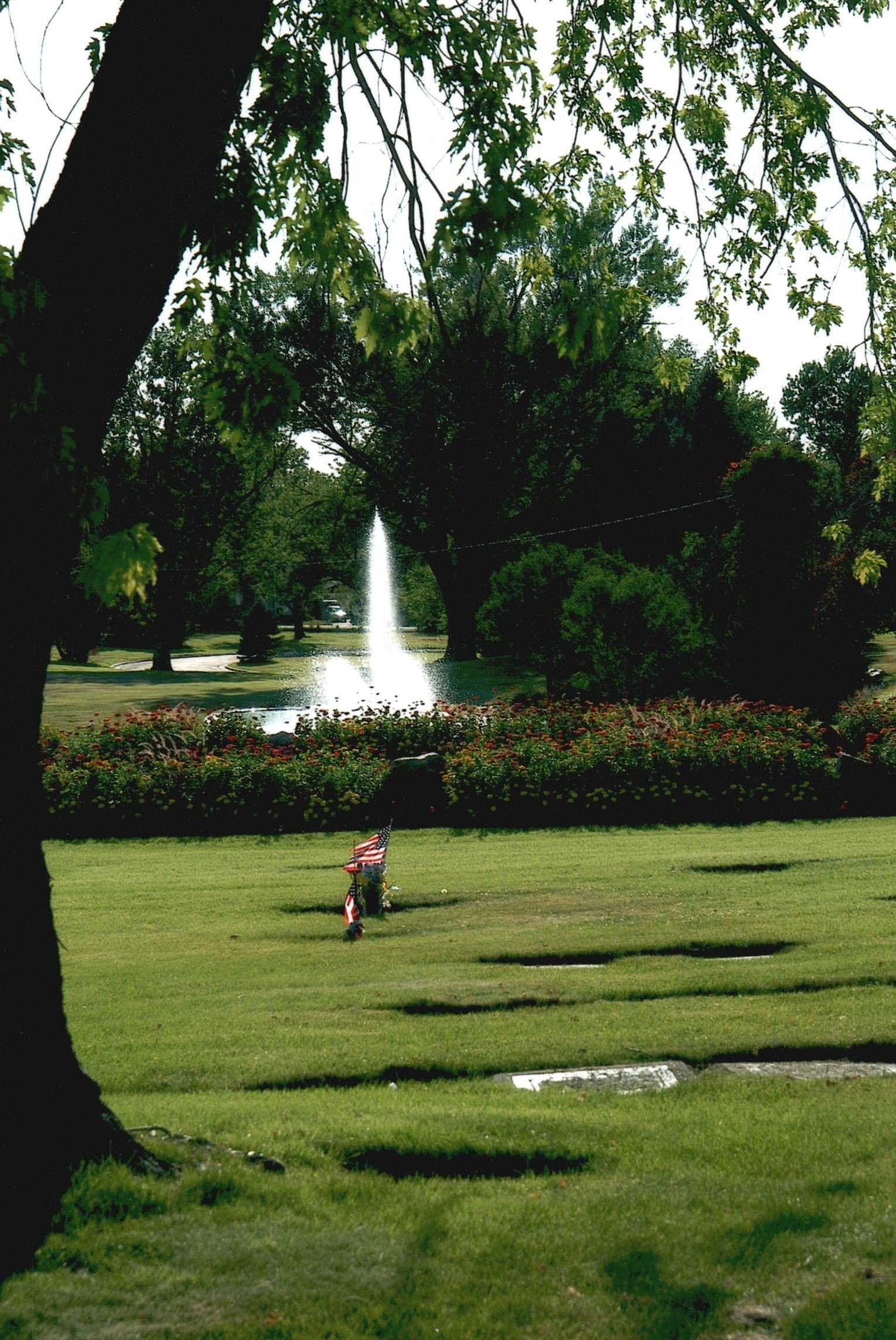 Park lawn with a fountain, trees, and a person in pink standing in the grass.