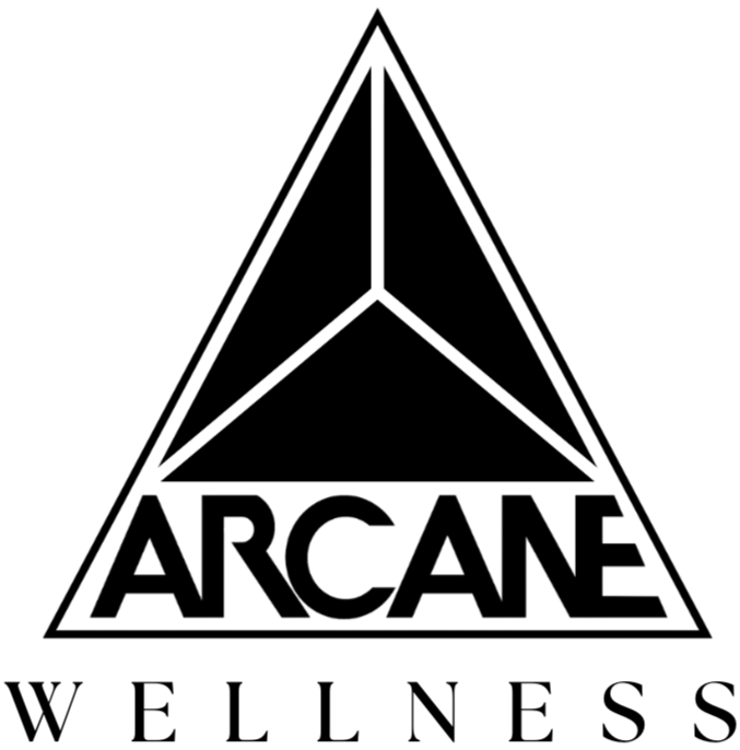 Arcane Wellness logo with black triangular symbol and text on white background