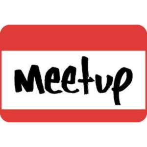 A red name tag with the word meetup on it