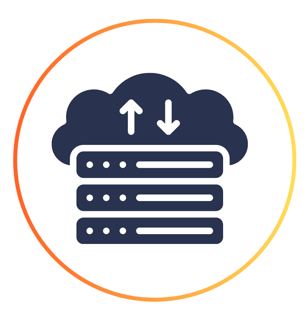 A dark blue icon of a cloud sitting above a stack of three server units, with up and down arrows inside the cloud.