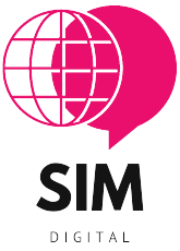 A pink speech bubble merging with a white globe icon above the word