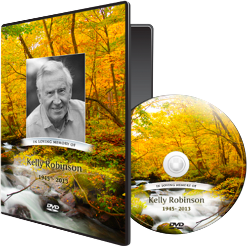 Memorial DVD case and disc for Kelly Robinson, with autumn leaves and a black-and-white portrait.