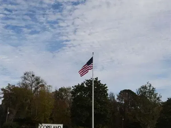 American flag on a tall pole against a cloudy sky, with trees and a sign below.