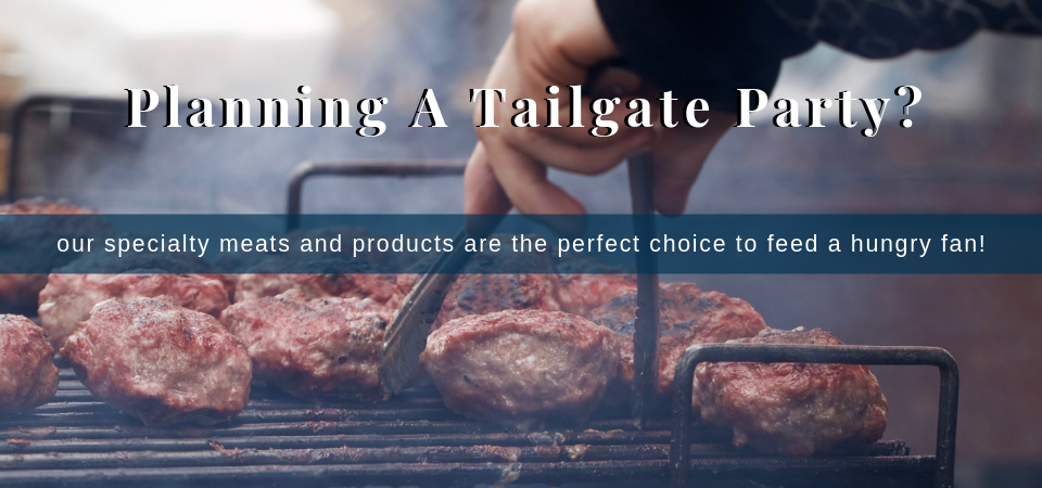 Grilled sausages on a barbecue with text: “Planning A Tailgate Party?”