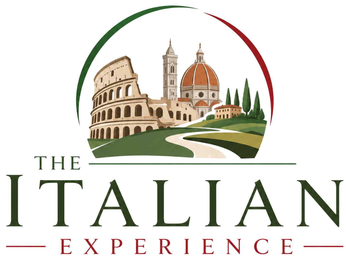 The Italian Experience logo with Rome landmarks and red-green arc in beige, green, and red