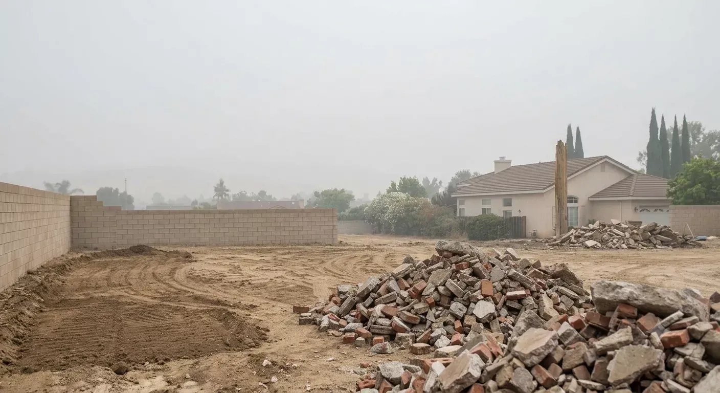 A pile of gray concrete rubble and construction debris sits outdoors in front of a blurred green forest background.
