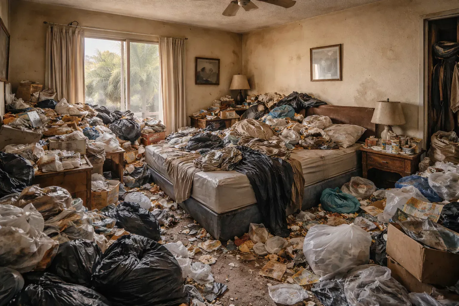 A bedroom filled with trash and debris, featuring an unmade bed, overflowing bags, and cluttered furniture.