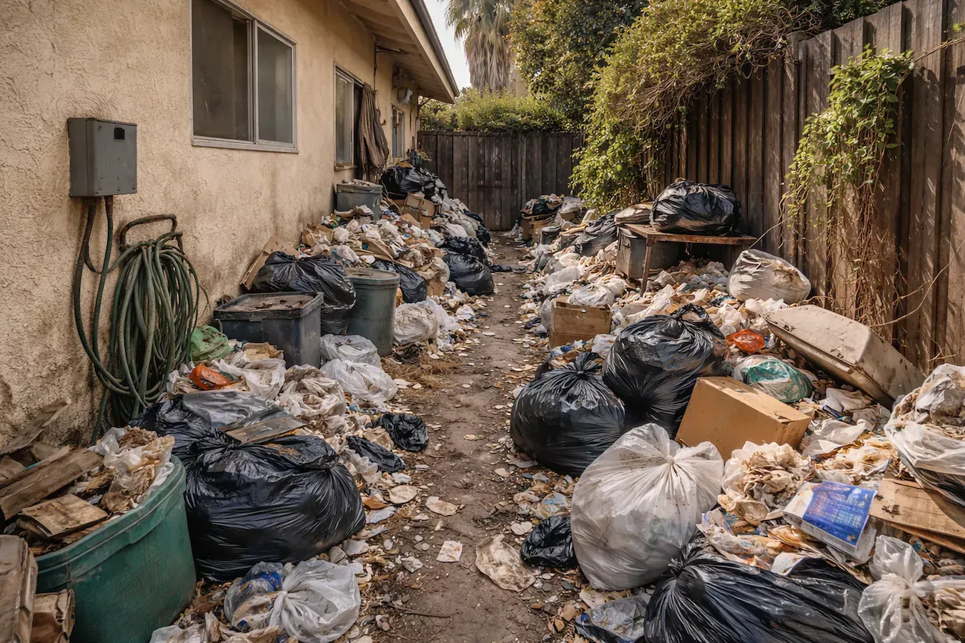 A narrow alley between a beige house and a wooden fence, heavily littered with numerous black trash bags and debris.