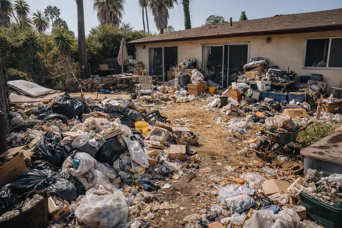 A backyard covered in piles of trash, plastic bags, and debris adjacent to the rear of a single-story house.