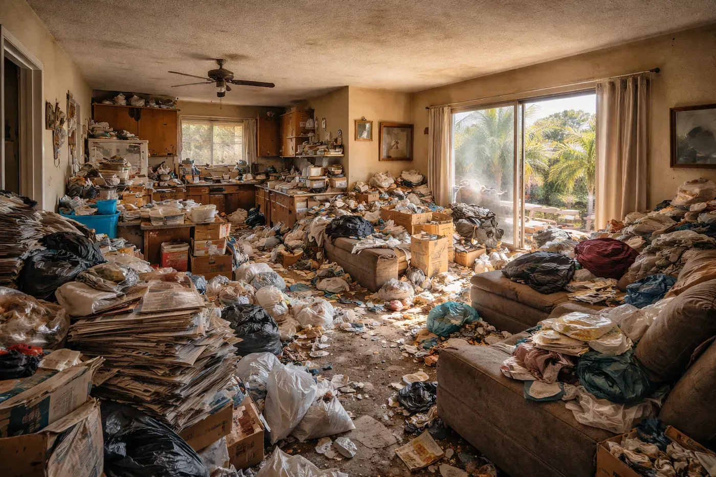 A living room filled with piles of trash, boxes, and clutter, showing signs of severe hoarding and neglect.
