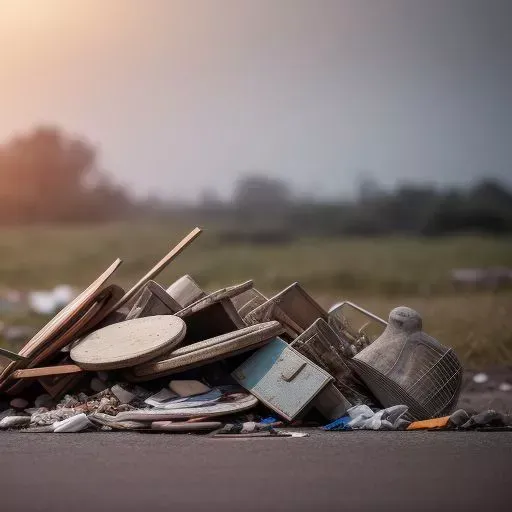 A pile of discarded furniture and wooden debris lies on an asphalt surface against a hazy landscape background in Ventura