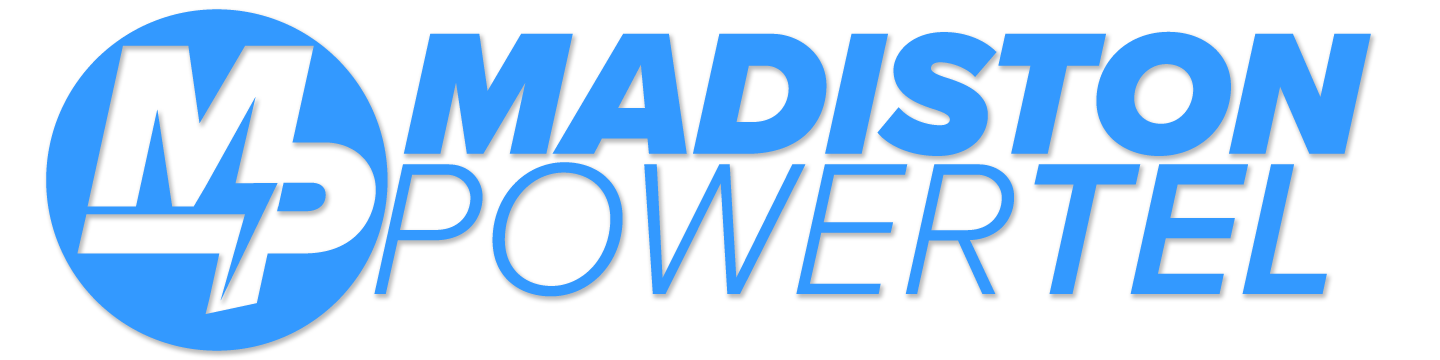 Logo for Madiston Powertel, blue and white, with
