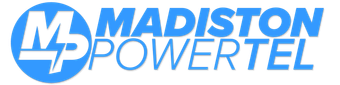 Logo for Madiston Powertel, blue and white, with