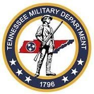 Tennessee Military Department seal: soldier, state flag, map outline, blue, gold, stars, 