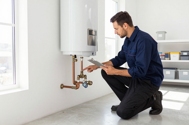 Technician kneeling beside a wall-mounted water heater, inspecting the plumbing with a clipboard.
