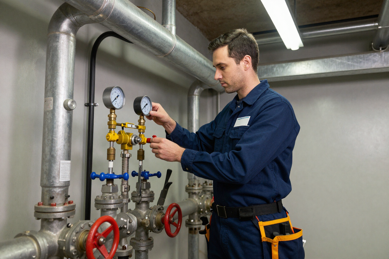 Plumber diagnosing plumbing equipment