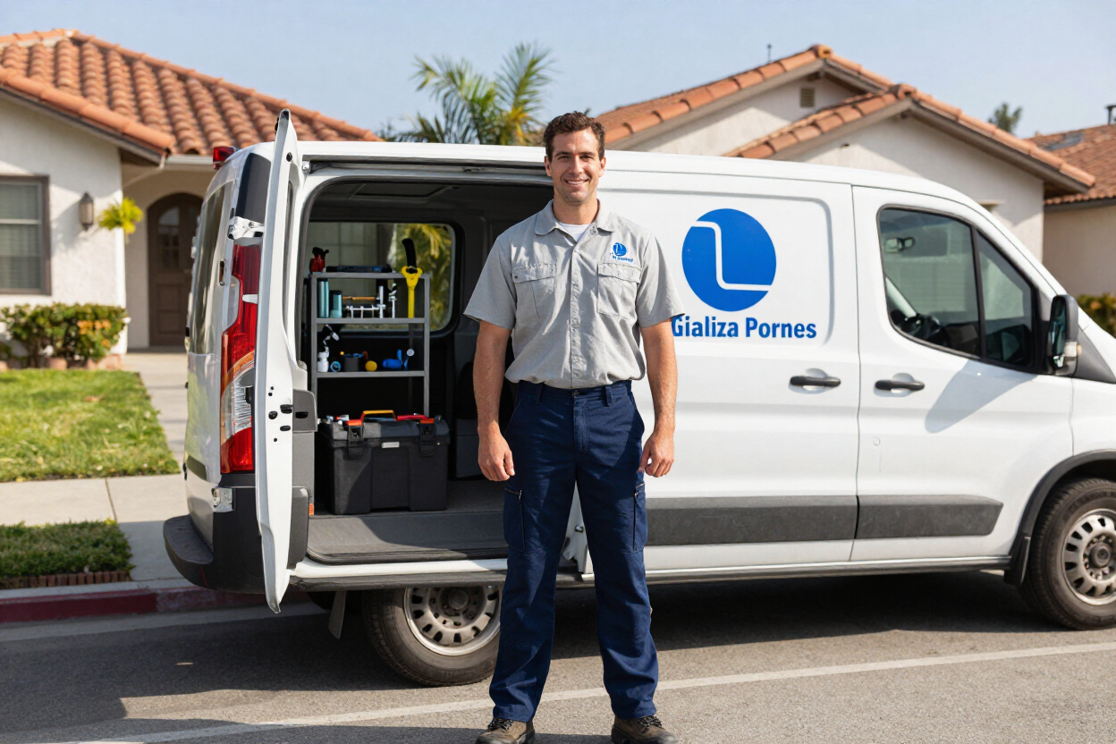 Lead plumber outside a service van