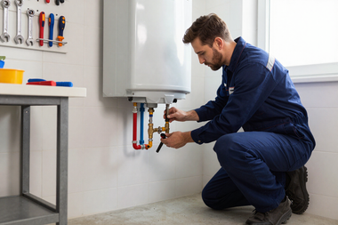 Technician kneeling to inspect a wall-mounted water heater with exposed pipes and tools nearby