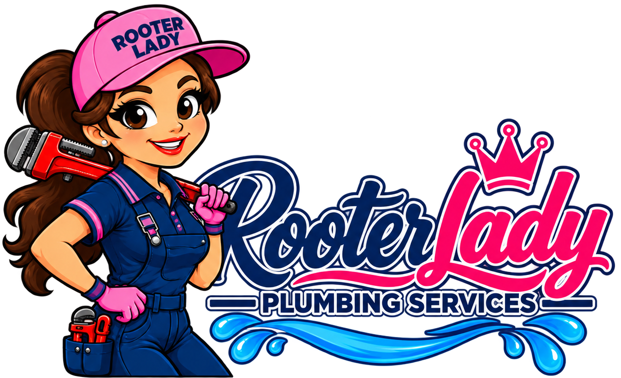Cartoon plumber mascot and “Rooter Lady Plumbing Services” logo in pink and blue.