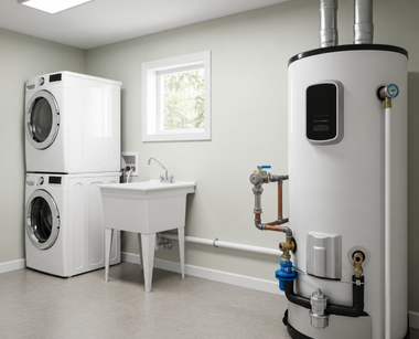 Laundry room with stacked washer and dryer beside a utility sink and large water heater tank