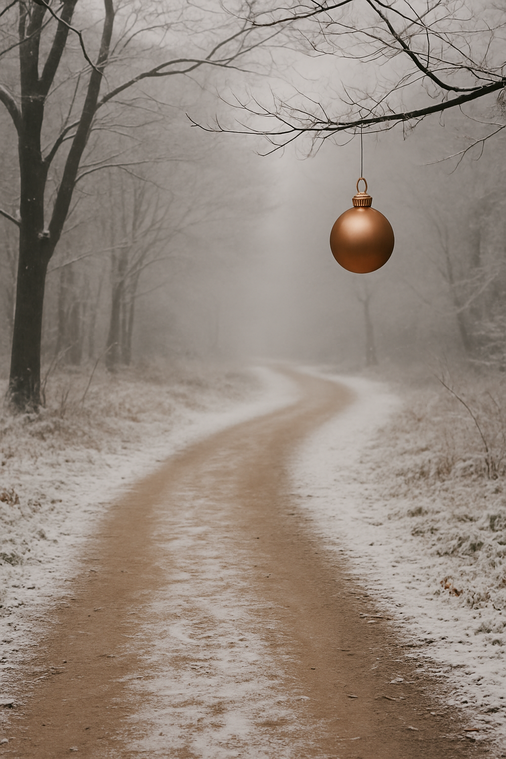 Een besneeuwd pad door een bos, met een gouden ornament dat aan een boomtak hangt.