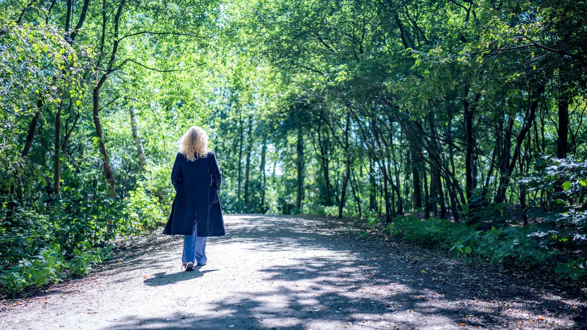 Vrouw loopt weg over een pad door een zonovergoten bos.