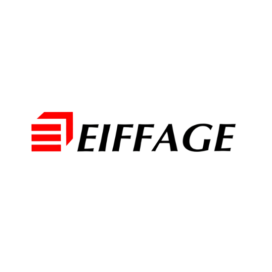 Le logo eiffage est rouge et noir sur fond blanc.