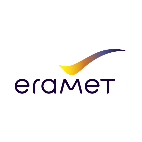 Un logo pour Eramet avec une flèche jaune et bleue