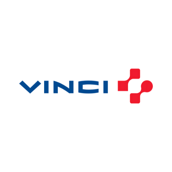 Un logo Vinci bleu et rouge sur fond blanc