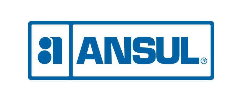 Logo : ANSUL en bleu, à l'intérieur d'un rectangle bleu, avec un motif de deux cercles bleus.