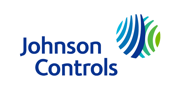 Logo de Johnson Controls : Texte bleu et graphique circulaire avec des lignes bleues et vertes.